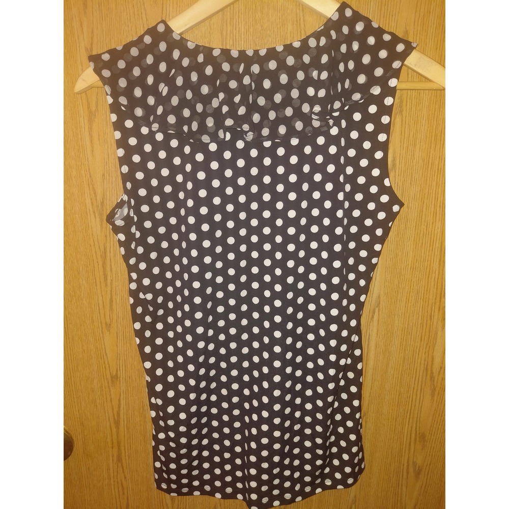 Calvin Klein Womens Polka Dot Ruffle V-Neck Sleeveless Blouse Black White Small - Picture 4 of 4